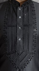 Elegant Black Color <b>Mens</b> Ethnic Wear <b>Kurta</b> Shiny Malai Satin Tonal Silk Thread Work Jet Black Beads Traditional Wedding Outfit - Product Image 2