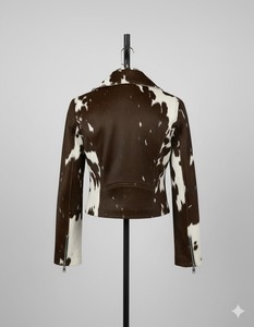 Women's Genuine Leather Cowhide Motorcycle <b>Jacket</b> Brown <b>White</b> Animal Print Stand Collar Full Sleeve Zipper Closure <b>Short</b> Length - Product Image 2