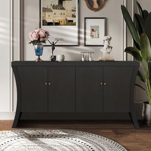 Aparador Industrial Refinado de 4 Puertas en Negro Sólido, Diseño de Almacenamiento Avanzado con Cierres de Bronce y Patas de Arco de Madera, Mesas Consola - Product Image 1