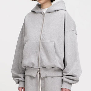 Sudadera con capucha de corte holgado con doble cremallera, personalizada, de algodón 100% de alto gramaje, estilo cropped, para hombre, de felpa francesa, con cremallera. - Product Image 2
