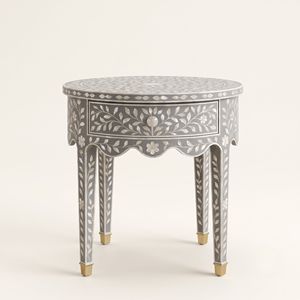 Mesita de Noche Redonda Gris Premium de Nácar con 1 Cajón, Incrustaciones Florales, Diseño Floral Artesanal, Muebles de Dormitorio - Product Image 1