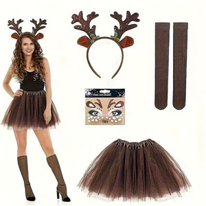 Diadema navideña para adultos con cuernos de reno, tutú, calcetines, conjunto de disfraz, accesorios para la cabeza y falda, set de pegatinas faciales - Product Image 3