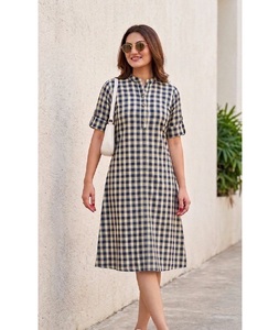 Última Colección de Verano, Vestido Midi con Estampado a Cuadros, Manga Corta, Corte en A, Informal, para Oficina y Uso Diario, para Mujer, Ajuste Cómodo - Product Image 1