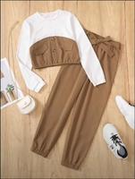 Ensemble 2 pièces pour filles : Haut à manches longues contrastant et pantalon jogger taille paperbag, ensemble lounge color block beige et blanc avec pantalon à taille nouée