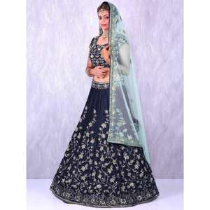 Banglory bleu marine soie Lehenga Choli avec appliques broderie travail vêtements indiens et pakistanais - Product Image 6