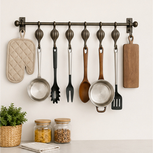 Antique Bronze Wall Mounted Utensil Rack with <b>Hooks</b> Metal Kitchen Hanging Rail for Pots Pans and Spatulas Storage Organizer - Product Image 4