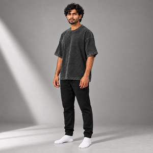 T-shirt en coton lavé épais pour homme, coupe oversize, ourlet brut, épaules tombantes, coupe ample et carrée, col rond, style streetwear décontracté - Product Image 1