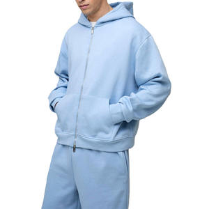 Men's Light Blue Hooded Tracksuit Full Zipper Sweatshirt <b>Jogger</b> <b>Set</b> Casual Loose Fit Solid Color Cotton Autumn Wear - Product Image 6