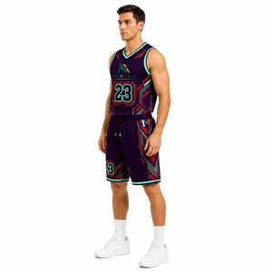 Ensemble d'uniformes de basketball géométriques personnalisés pour hommes, maillot et short en mesh par sublimation, tenue de sport d'équipe, kit d'équipement de jeu, vente OEM pour professionnels - Product Image 3