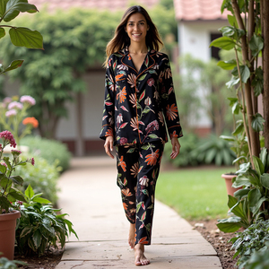 Ensemble de pyjama en viscose à manches longues pour femmes avec imprimé Va Va Voom Bold et décontracté sur mesure Black Flora Pan - Product Image 3