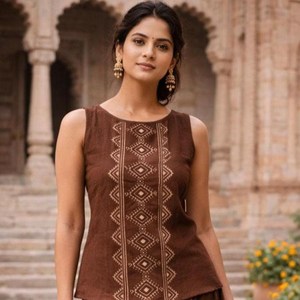 Brown Cotton Sleeveless <b>Kurti</b> for Women Handcrafted Ethnic Top with Geometric Tribal Print Boat Neck Minimalist Short Kurta - Product Image 6