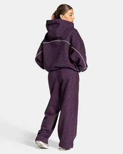 100% Cotton Burgundy Leopard Print <b>line</b> Piping contrast Women's oversized hoodie <b>pant</b> tracksuit set two piece women tracksuit - Product Image 2