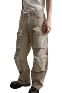 Pantalones Cargo Color Caqui para Hombre, Cintura Alta, Múltiples Bolsillos, Material de Lona, Estilo Workwear, Corte Recto, para Otoño - Product Image 3