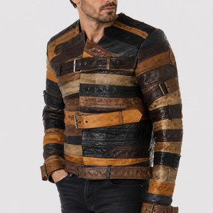 Men's Patchwork Leather <b>Jacket</b> Vintage Style Belted V-Neck Moto Coat Multicolor Striped Genuine Leather Outerwear Autumn Wear - Product Image 1
