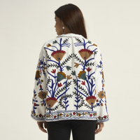 Jaket Bordir Suzani Putih Motif Bunga untuk Wanita, Model Terbuka di Depan, Gaya Boho, Mantel Katun Buatan Tangan, Kerah Lipat Gaya Prairie Chic