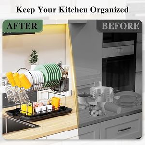 Escurridor de Platos de 2 Niveles, Organizador de Cocina de Metal Negro con Portavasos para Platos, Tazones y Utensilios - Product Image 4