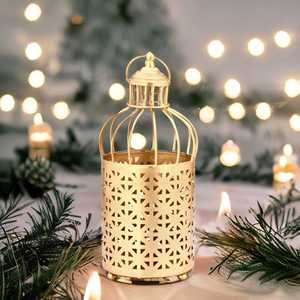 Golden <b>Moroccan</b> Cylindrical Brass <b>Lantern</b> With Geometric Cutouts For Christmas Home Decoration - Product Image 1