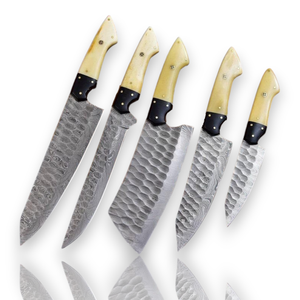Juego de Cuchillos de Chef Profesionales de Acero de Damasco, Forjados a Mano, 5 Piezas, Ligeros, Duraderos, Afilados como una Navaja, OEM, ODM, OBM, Hueso de Camello - Product Image 1