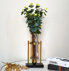 Trio of artistic black <b>floral</b> painted metal flower vases featuring gleaming gold collar borders, available at wholesale prices. - Product Image 4