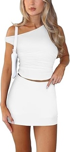 Conjunto de Top Corto Asimétrico Blanco de un Solo Hombro y Minifalda, Color Sólido, Ropa Sexy para Club, Atuendo de Verano para Mujer - Product Image 5