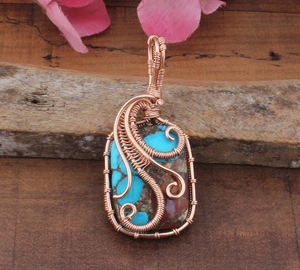 Pendentif en turquoise cuivre bleu naturel enroulé de fil, argent 925, vente en gros, matrice vintage plaqué platine, fait à la main, cadeau unisexe - Product Image 1