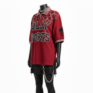 เสื้อโปโลผู้หญิงทรงโอเวอร์ไซส์ ระบายอากาศได้ดี ผ้าคอตตอนผสมโพลีเอสเตอร์ GSM หนา สีแดงเลือดหมู ตัดเย็บแบบแผง ลายคริสตัล พิมพ์ลายตามสั่ง เสื้อโปโลผู้หญิง - Product Image 4