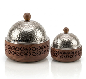 Luxury Wooden Stainless Steel Hot Pot Hammered Silver Lid Casserole Set Decorative <b>Food</b> <b>Warmer</b> Carved Serving Casseroles - Product Image 3