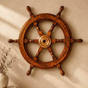 Volant de bateau en bois fait main de haute qualité, à suspendre au mur, avec centre en laiton poli à six branches, style antique, décoration intérieure - Product Image 6