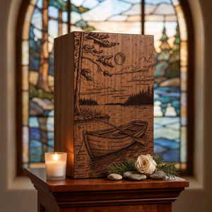 Wooden <b>Memorial</b> Urn Engraved Cremation <b>Keepsake</b> <b>Box</b> Boat Lake Landscape Funeral Tribute Decor - Product Image 2