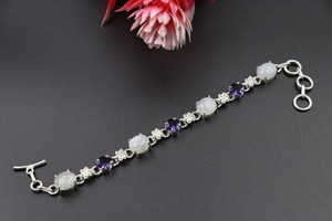Pulsera de Plata con Dijes de Piedra Lunar Ovalada Natural y Amatista, Joyería de Lujo para Mujer, Hecha a Mano, Regalo de Aniversario - Product Image 2