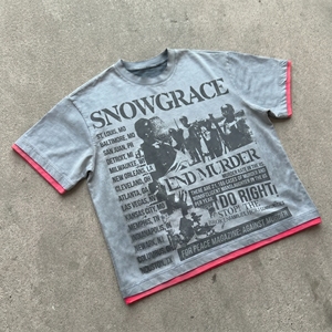 Camiseta de Manga Corta para Hombre Snowgrace con Ribete en Contraste, Estilo Urbano, Cuello Redondo, Corte Regular, Algodón Jersey - Product Image 3