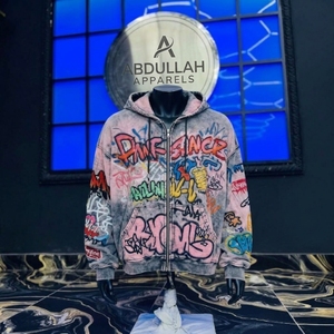 <b>Men's</b> <b>Pink</b> Gray Graffiti Print Zip Up Hoodie Hip Hop Streetwear Hooded <b>Sweatshirt</b> - Product Image 1