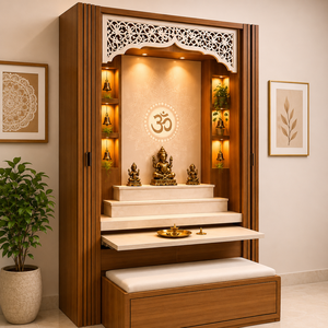 Mandir en bois finition noyer de qualité supérieure pour la maison, Mandir Pooja moderne avec rangement, éclairage LED et panneaux décoratifs CNC - Product Image 3