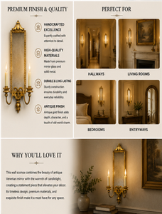Gold Plated Rectangle Wall <b>Mirror</b> With Candle Holder Traditional Ornamental <b>Hanging</b> Accent Decor - Product Image 4