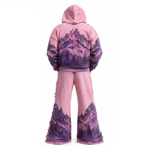 Chándal Unisex con Estampado de Montaña, Sudadera con Capucha y Cremallera Completa, Ajuste Holgado, Estilo Urbano, Degradado Púrpura-Rosa, Estampado por Sublimación, Ropa de Otoño para Adultos - Product Image 3