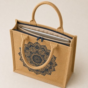 Bolsa de Playa de Yute con Estampado Geométrico Personalizado, Asas de Cuerda No Tejidas, Cierre de Cremallera, Tamaño Mediano, Reutilizable, para Regalo - Product Image 2