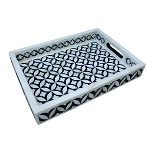 Bandeja de servicio de metal de madera con incrustaciones de hueso de alta calidad hecha a mano directa del fabricante indio para uso doméstico en hoteles o restaurantes - Product Image 5