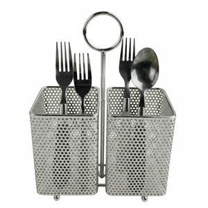 New Gold Cutlery Holder Perforated Metal Utensil Organizer Dual Compartment Flatware <b>Caddy</b> For Dining <b>Table</b> Holder With Handle - Product Image 5