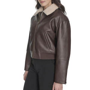 Veste en cuir véritable marron pour homme, doublée en sherpa, col rabattu, poignets zippés, manteau d'hiver vintage - Product Image 3