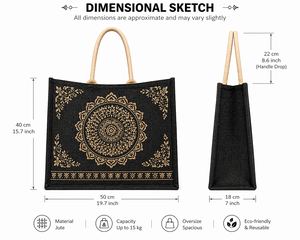 Bolsa de Yute Negra con Estampado de Mandala, Ecológica, Reutilizable, para Bodas, Fiestas, Exposiciones, Compras, Diseño Étnico, Logotipo Personalizado - Product Image 4