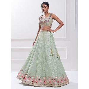 Elegante Pista Verde Lentejuelas Georgette Novio Desgaste Elegante Recepción Lehenga Choli - Product Image 5