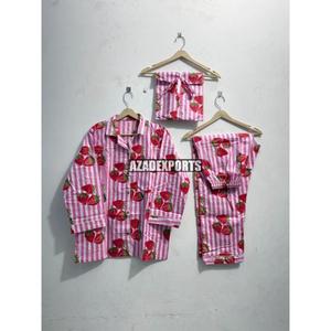 Ensemble de pyjama pour femmes en coton biologique respirant à taille élastique imprimé fraises rayé à manches longues et pantalon long, vêtements de nuit doux - Product Image 6