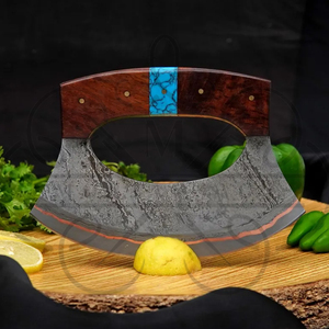 Couteau Ulu artisanal en acier inoxydable avec manche en bois et incrustation turquoise, léger et multifonctionnel pour la cuisine - Product Image 3