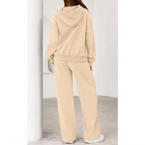Ensemble de survêtement 2 pièces pour femme, à capuche, manches longues, couleur unie, en polaire respirant, avec poches latérales, taille élastique, décontracté, pour l'automne - Product Image 2