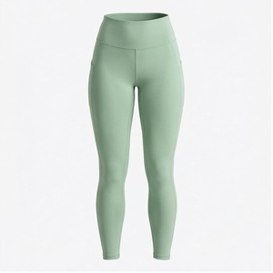 High Waist Full Length Yoga Leggings Solid <b>Mint</b> <b>Green</b> Seamless Four-Way Stretch With Pockets Women's Activewear - Product Image 1