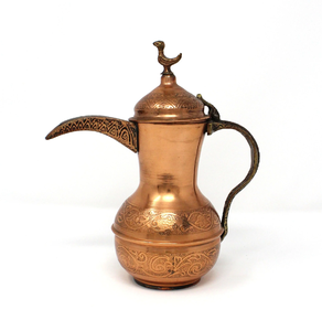 Vintage copper <b>Arabic</b> Dallah pot featuring a charming bird finial and classic engravings. Available at wholesale price. - Product Image 1