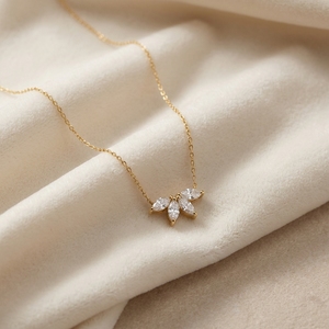 Marquise Cut Lab Grown Diamond Cluster Flower Petal Pendant <b>Necklace</b> Featuring Butterfly Motif Style Four Diamond <b>Delicate</b> Wear - Product Image 3