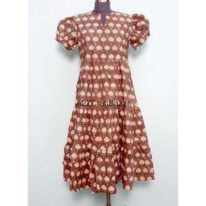 เดรสยาวลำลองสำหรับฤดูร้อน ผ้าฝ้าย 100% ไม่ถักทอ ลายดอกพิมพ์บล็อก แขนยาว เอวธรรมชาติ เป็นมิตรกับสิ่งแวดล้อม ซักได้ - Product Image 1