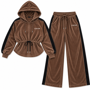 Ensemble de survêtement en velours marron pour femme OEM, logo personnalisé, deux pièces, sweat à capuche cintré à la taille, pantalon large, fabricant OEM de marque privée - Product Image 3