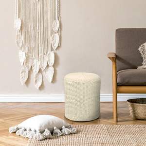 Pouf ottoman décoratif en corde de papier beige à double brin pour chambre ou salon, utilisable comme repose-pieds ou tabouret - Product Image 3